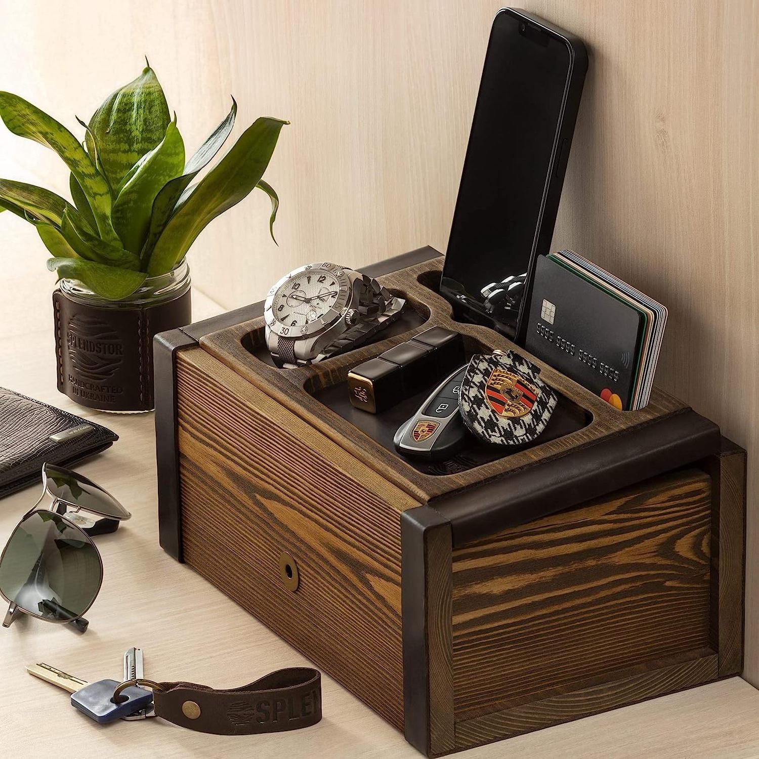 Decorative Wooden Box with Valet Tray Lid - Ideal Men Entryway Desk Organizer for Accessories Jewelry Watch Real Leather