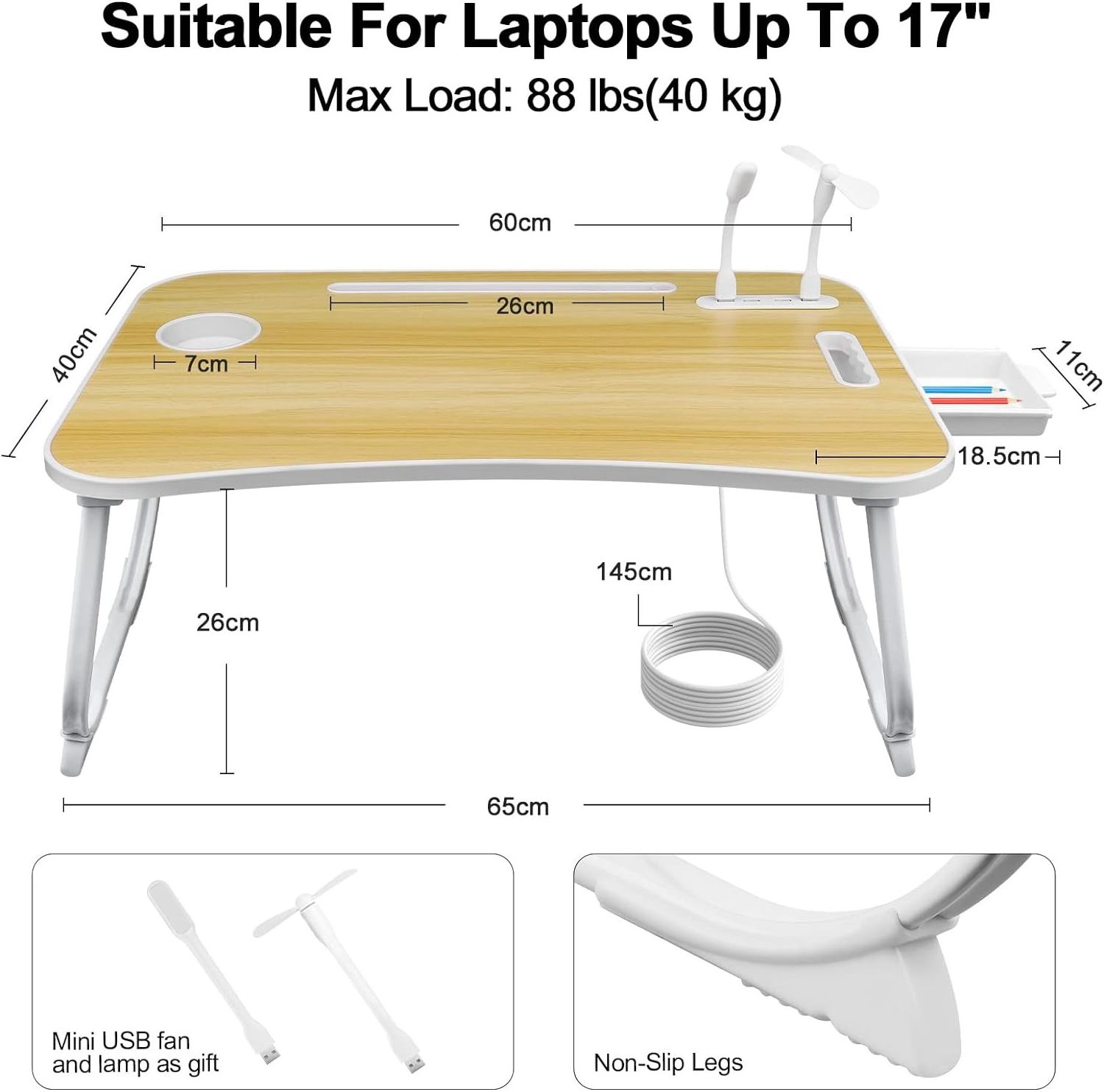 Laptop Bed Desk Table Tray with USB Charge Port Cup Holder and Storage Drawer Portable Laptop Stand for Bed Sofa