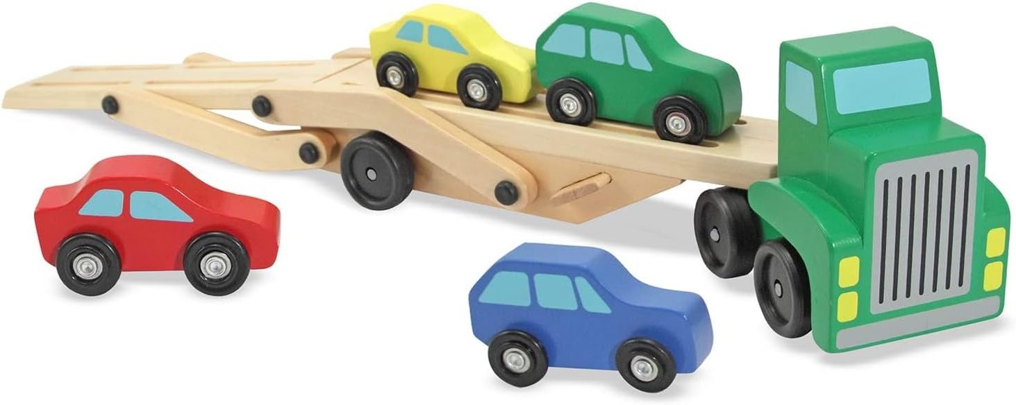 Car Carrier Truck and Wooden Toy Set With 1 Truck and 4 Cars Wooden Vehicle Toys Push And Go Wooden Trucks For Toddler