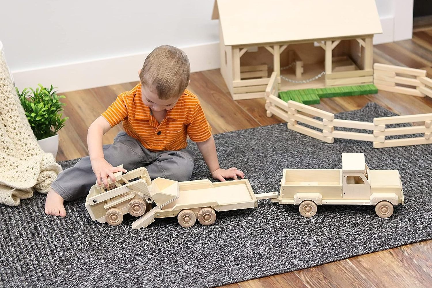 Wooden Toy Pickup Truck and Flatbed Trailer with Skidloader Set Wooden Truck Toys Car for Toddlers Unpainted Safe to Play