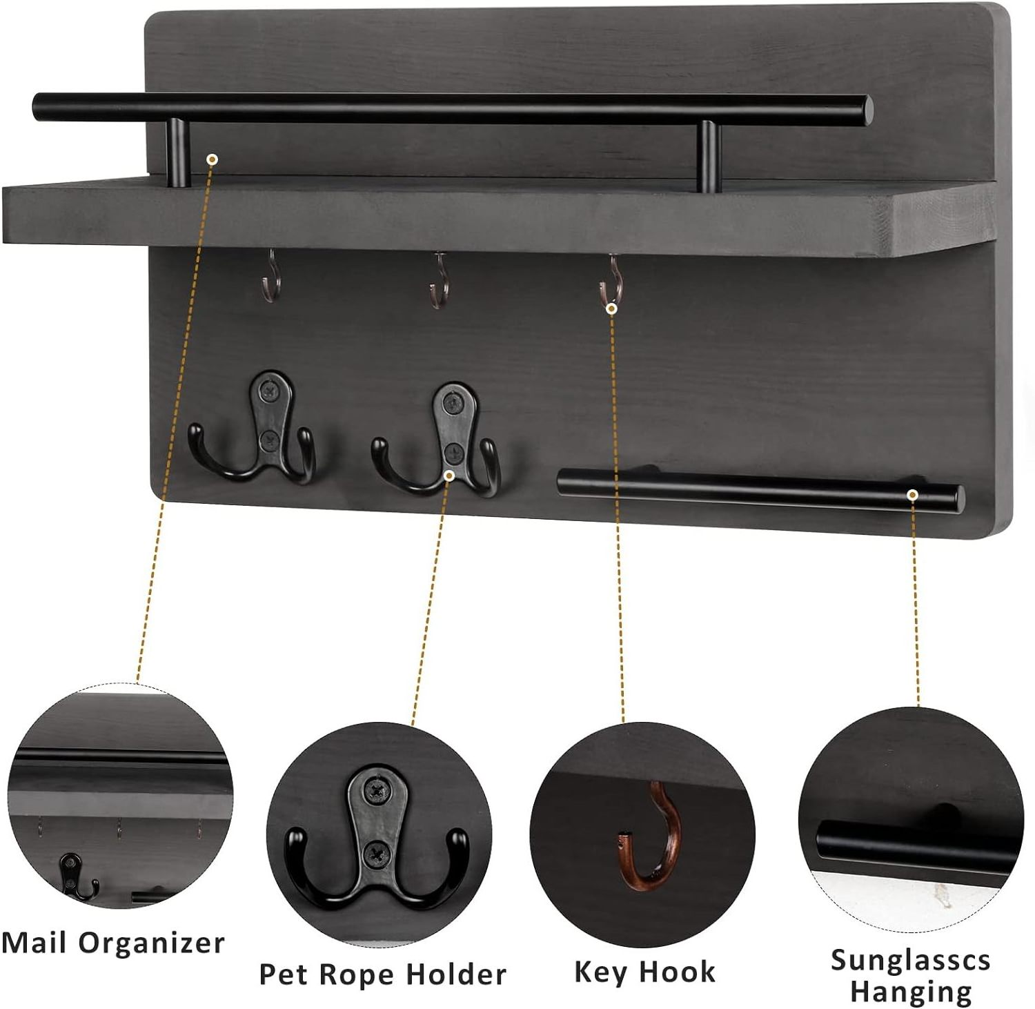 Key Holder for Wall Decorative with 5 Key Hooks, Wall Mounted Key Hangers for Wall with Mail Key Rack, Wooden Mail Organizer