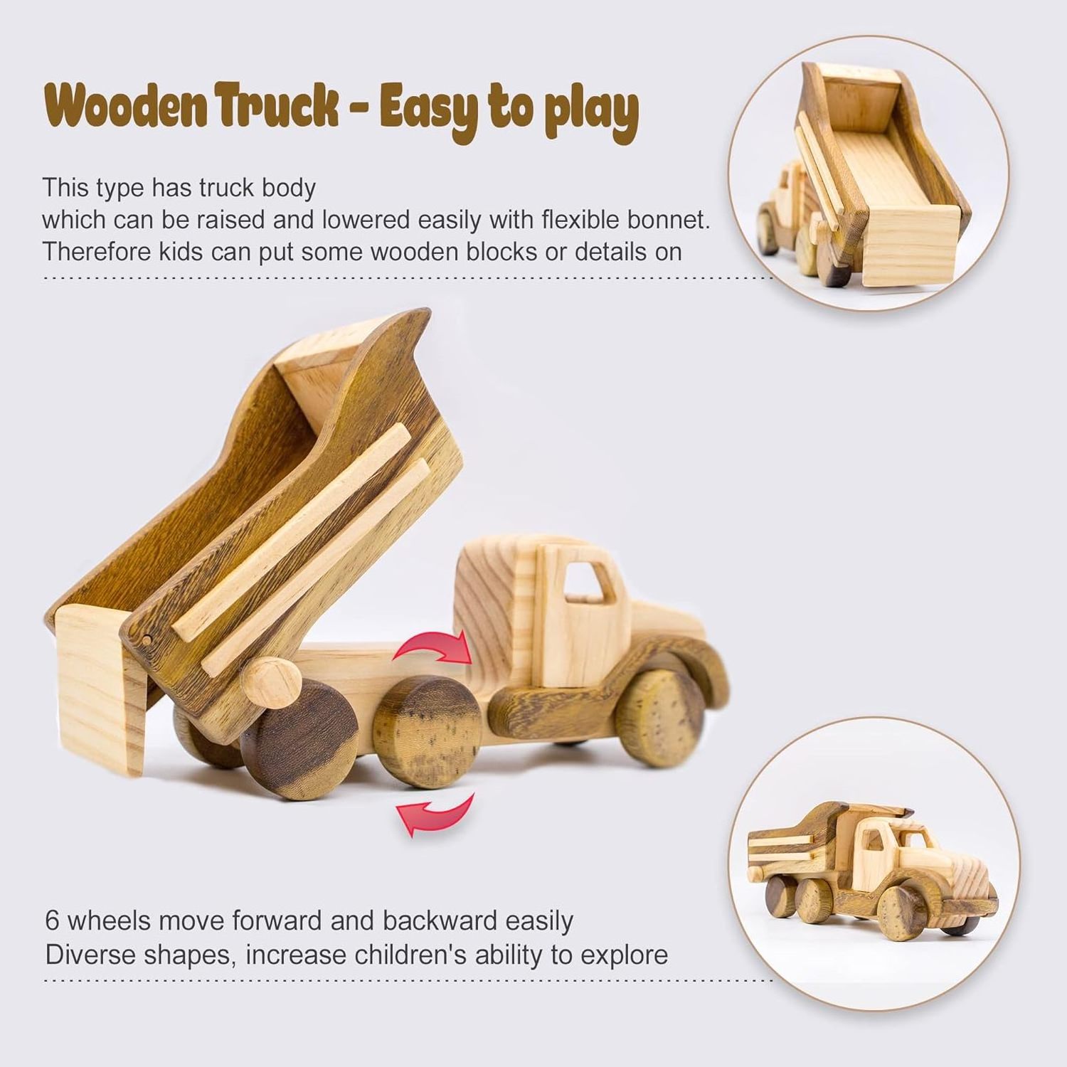 Wooden Truck Toys Car for Toddlers Unpainted Safe to Play Handmade in Vietnam (Truck)