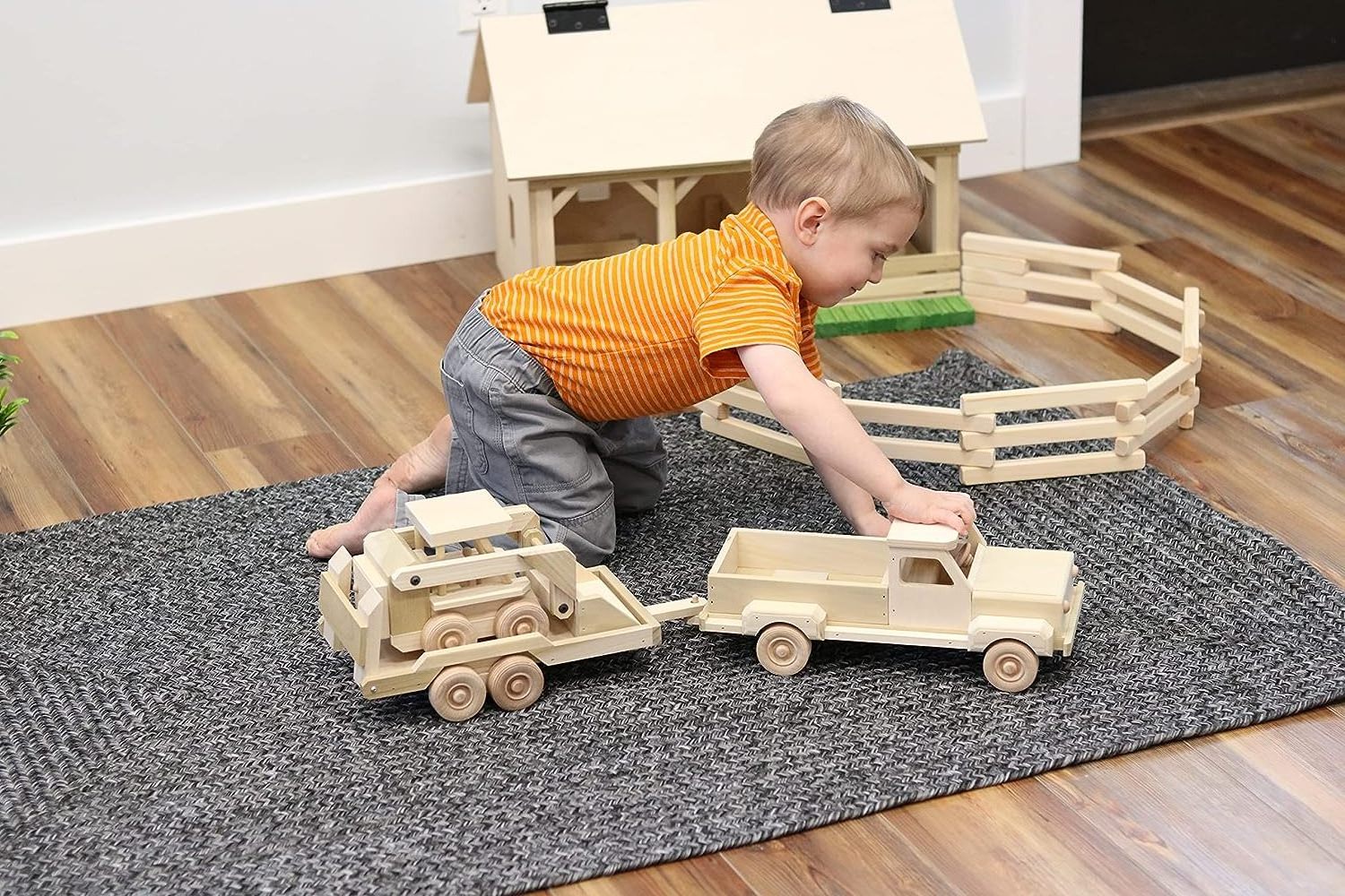 Wooden Toy Pickup Truck and Flatbed Trailer with Skidloader Set Wooden Truck Toys Car for Toddlers Unpainted Safe to Play