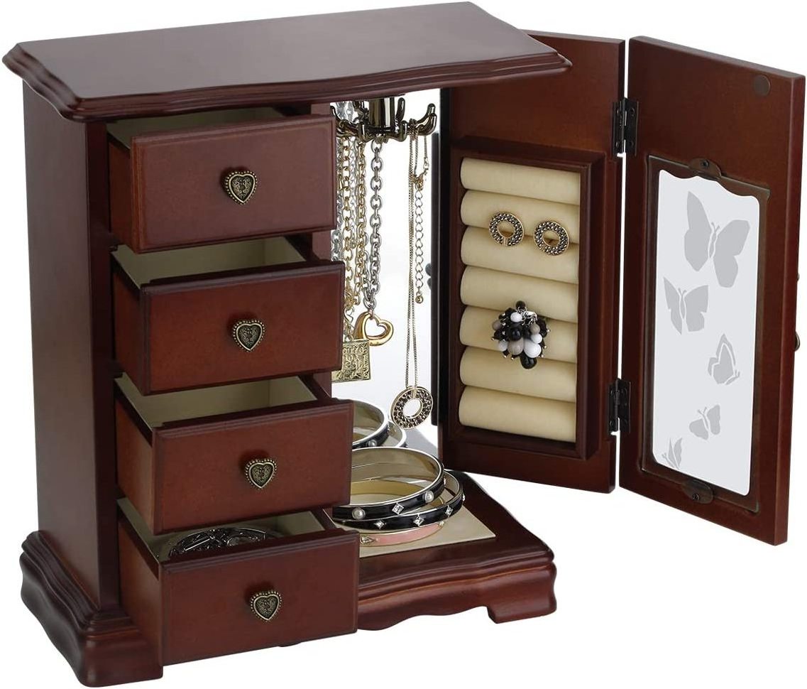 Solid Wooden Jewelry Box Makeup and Organizer Women Ring Storage with 4-Drawers Built-in Necklace Carousel and Mirror Brown