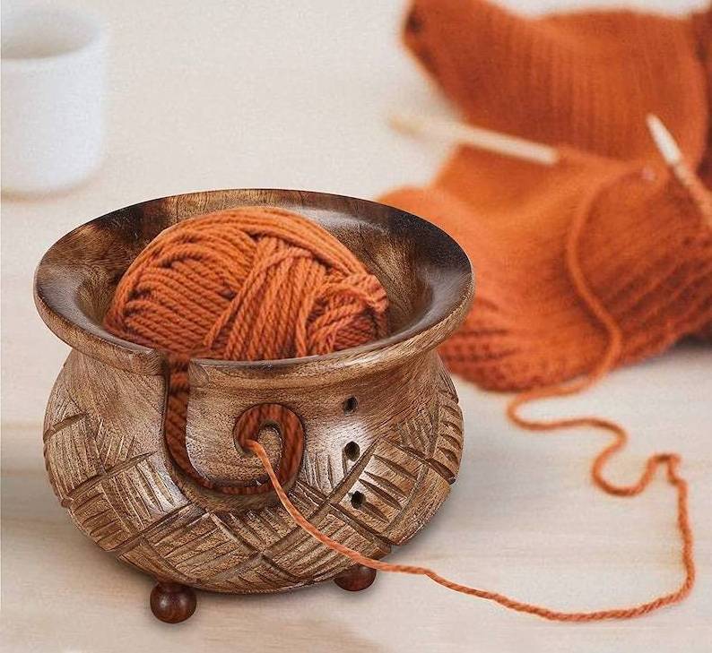 Handmade Premium Burn Wood Yarn Storage Bowl for Knitting Crocheting Sewing Large Yarn Holder Best Christmas Gift