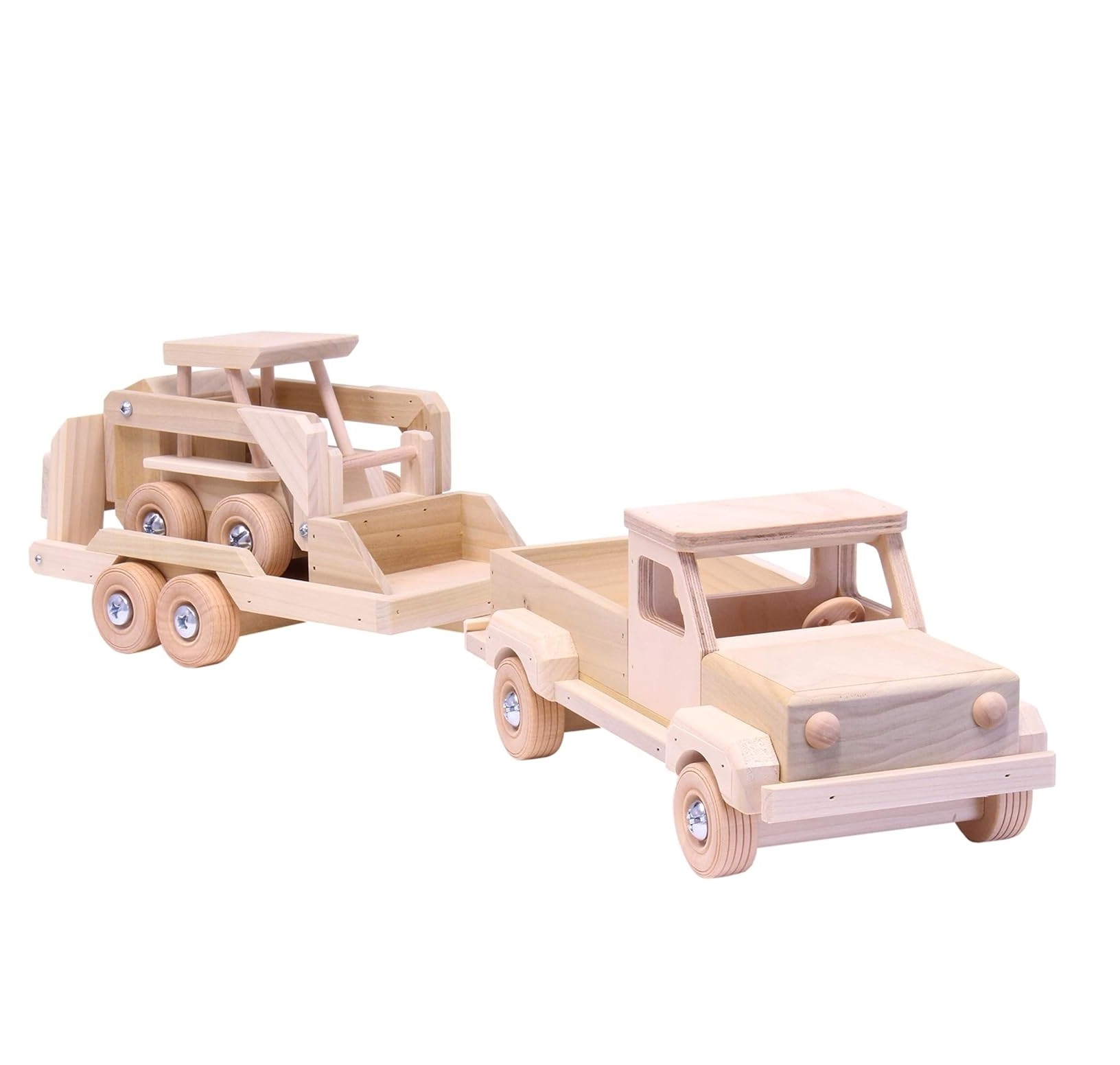 Wooden Toy Pickup Truck and Flatbed Trailer with Skidloader Set Wooden Truck Toys Car for Toddlers Unpainted Safe to Play