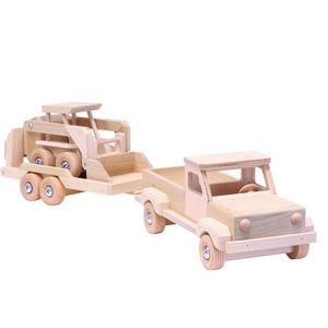 Wooden Toy Pickup Truck and Flatbed Trailer with Skidloader Set Wooden Truck Toys Car for Toddlers Unpainted Safe to Play