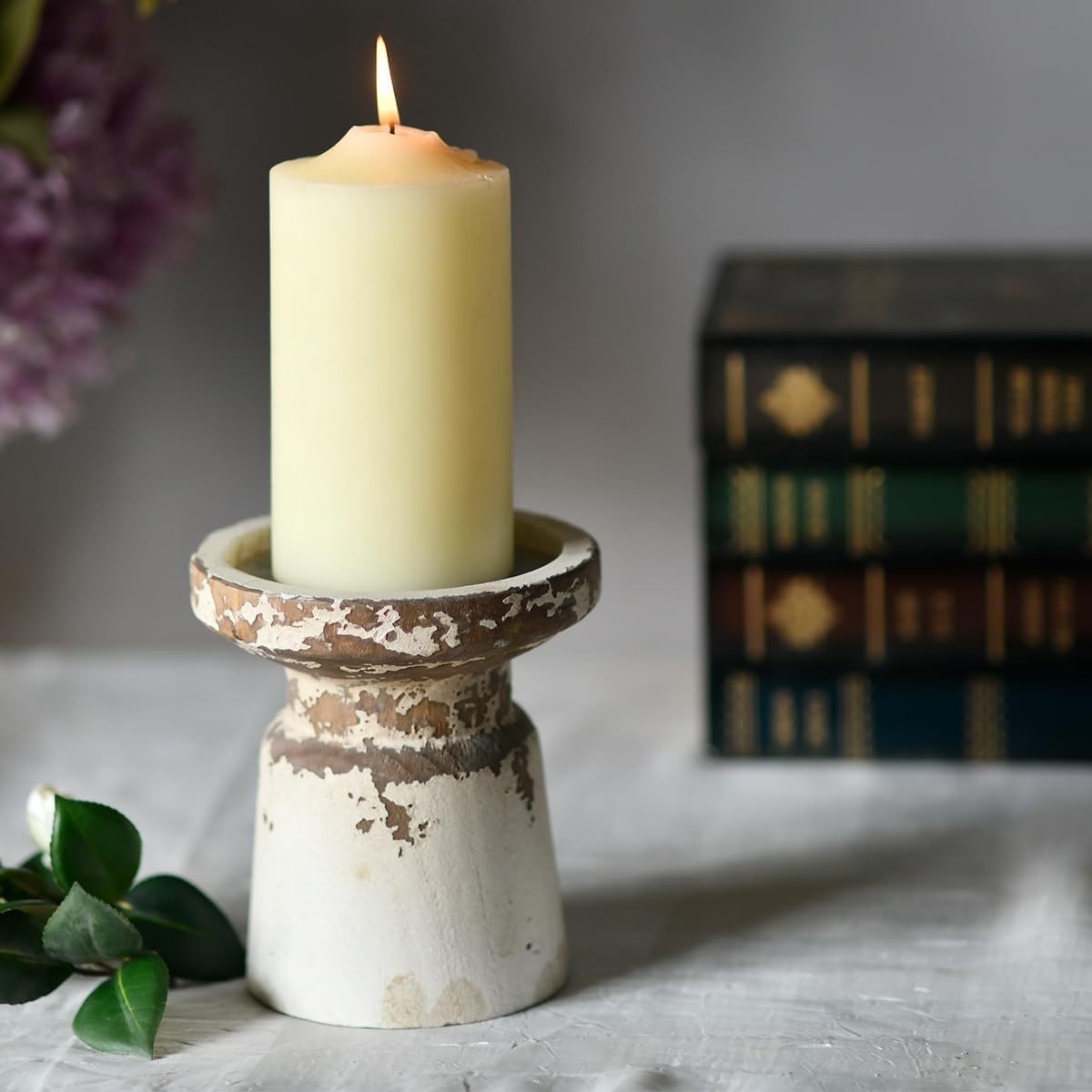 Rustic Wood Candle Holders Pillar Distressed White Candle Holder Wooden Candlestick Farmhouse Candle Holders Vintage Pillar