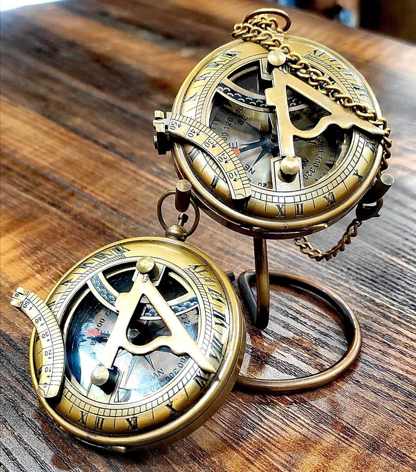 Sundial Compass 3'' with Display Stand OR Leather case-Perfect Desk Accessory & Nautical Collection Push Open Compass Antique