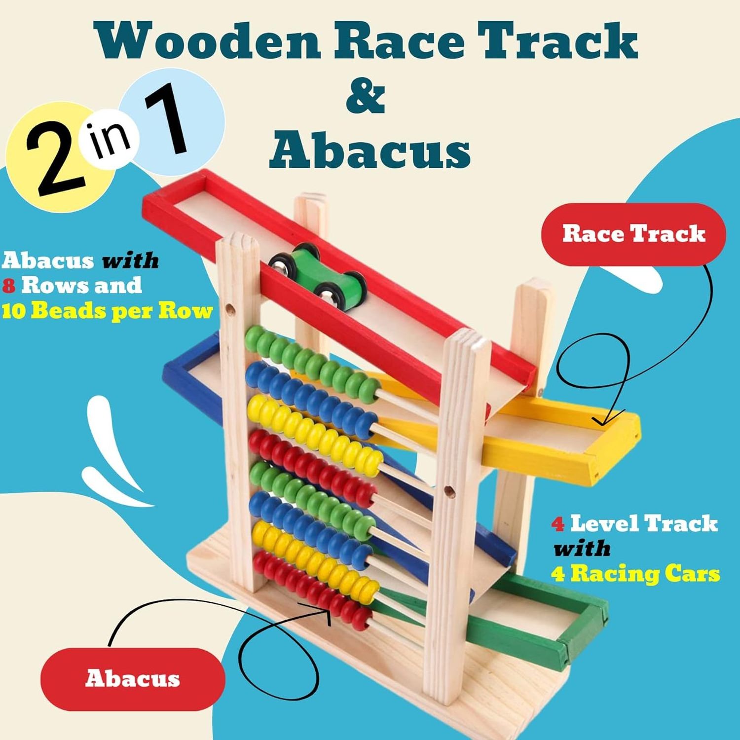 Montessori Toys Car Track for Toddlers 3-5 with 4 Cars and Abacus for Kids Math Wooden Cars Race