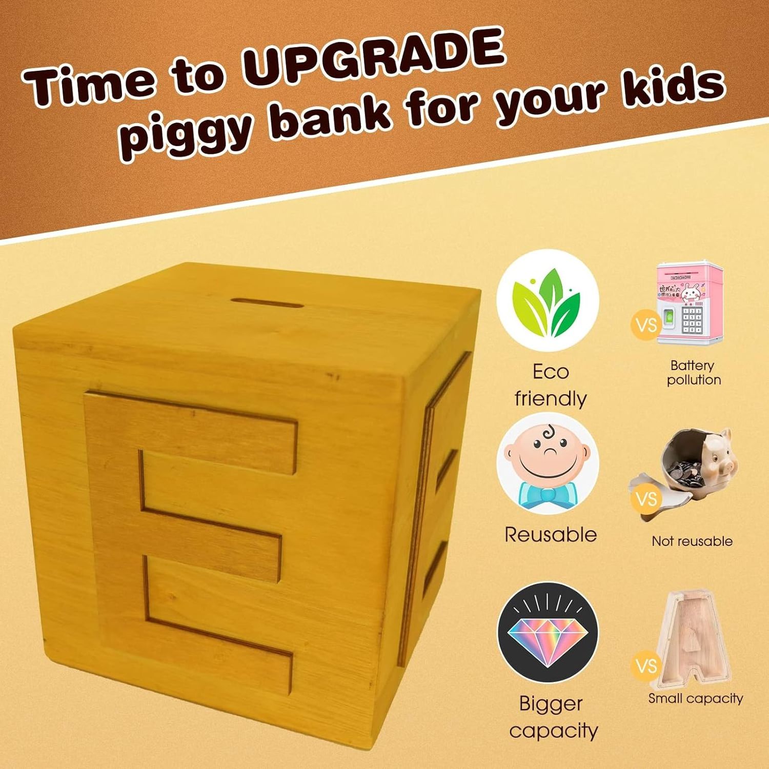 Money Box for Cash/Kids Large Wooden Coin Bank for Boys Girls Letter Money Bank Perfect Piggy Bank Gift for Birthday Christmas