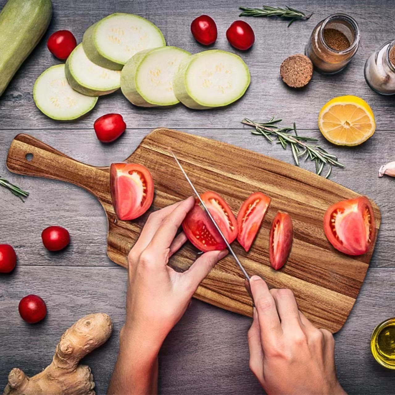 Acacia Wood Cutting Board with Handle - Wooden Charcuterie Board for Bread Meat Fruits Cheese and Serving Butcher Block