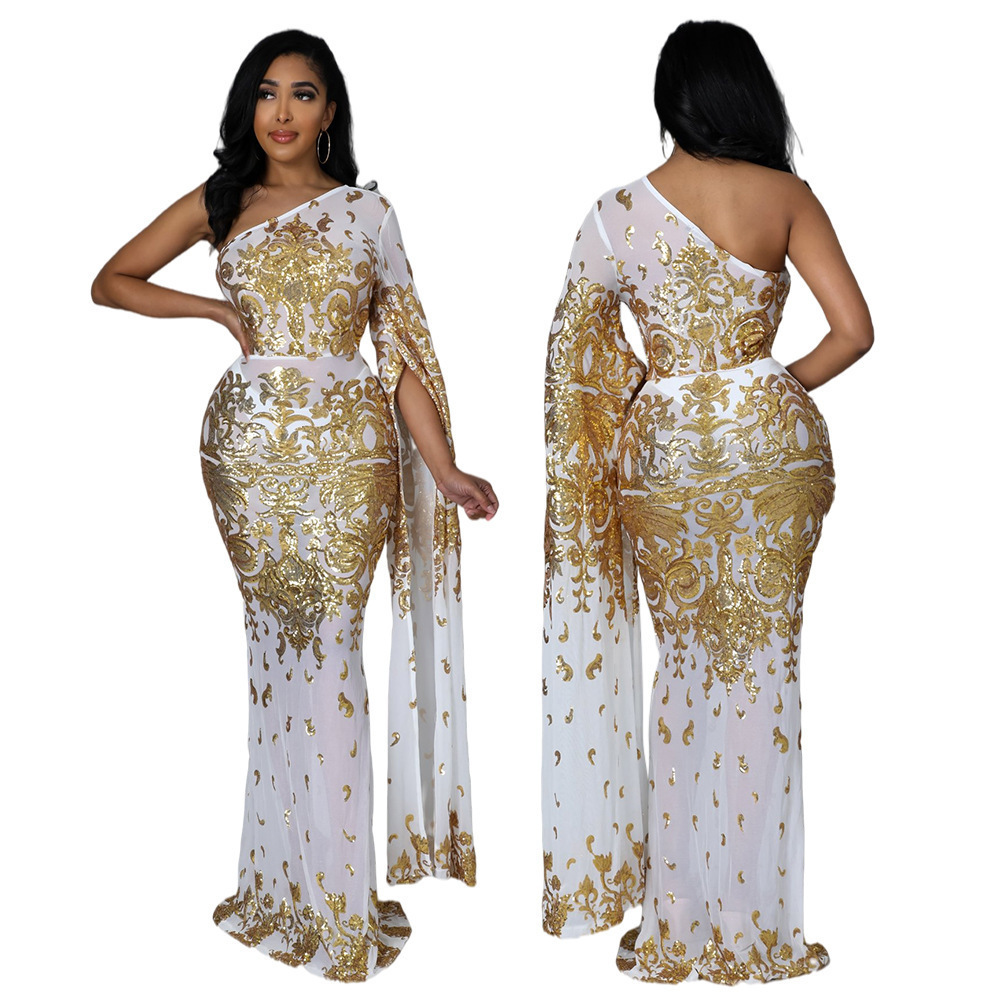 2022 Fashion plus size  Sequins bride long maxi white Women casual african wedding  Bodycon Evening dresses