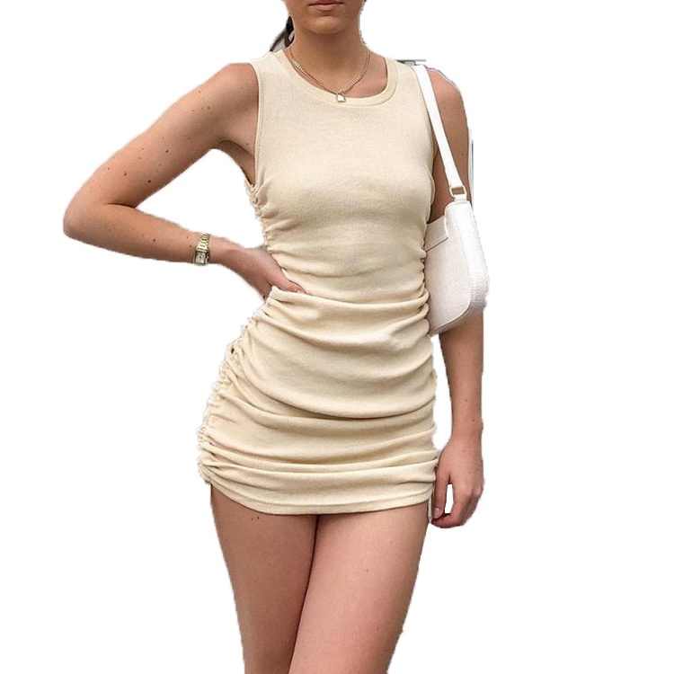 Women Casual Wear Solid Color Wholesale Apparel Stock Pleated Design Tummy Control Sleeveless Tight Summer Dresses