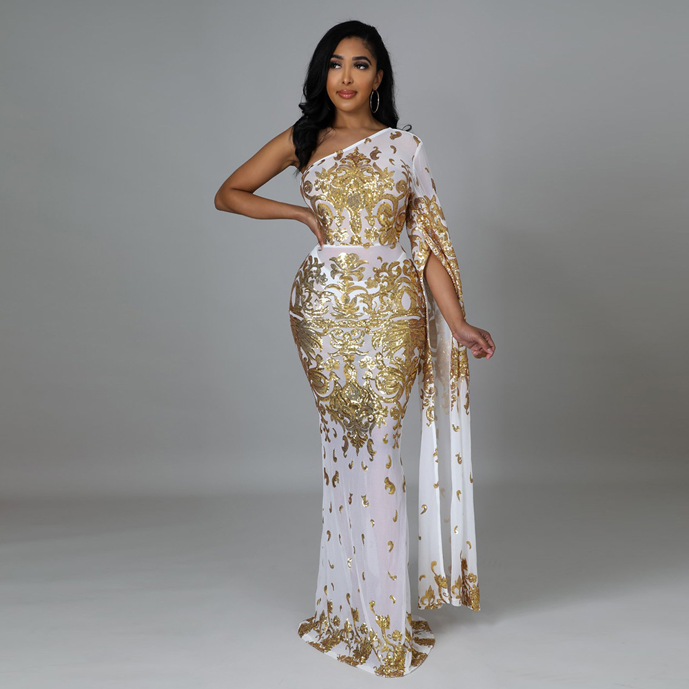 2022 Fashion plus size  Sequins bride long maxi white Women casual african wedding  Bodycon Evening dresses