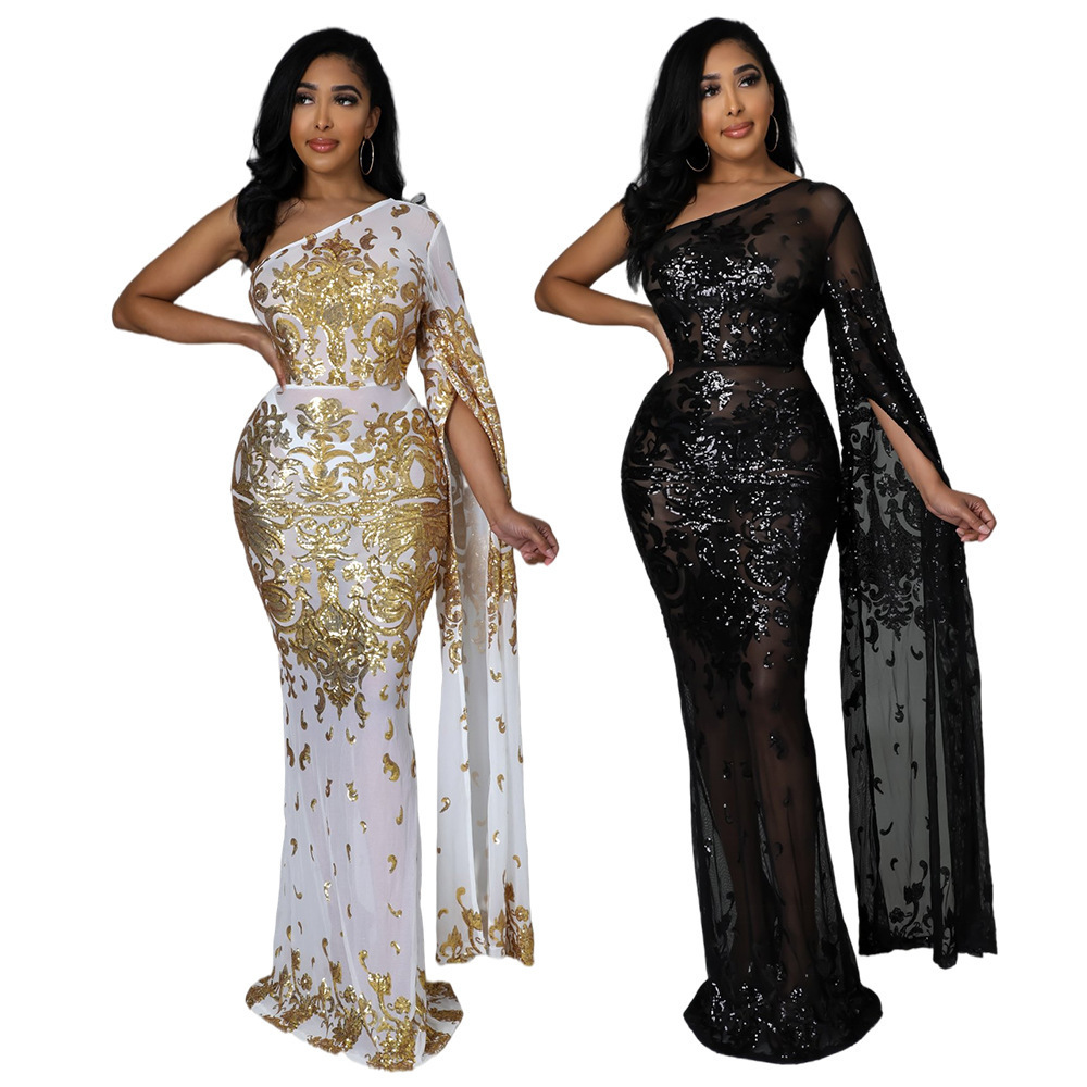 2022 Fashion plus size  Sequins bride long maxi white Women casual african wedding  Bodycon Evening dresses