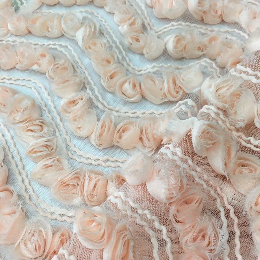 fancy 3d chiffon ribbon flower embroidered tulle fabric/peach net clothing and dress fabric