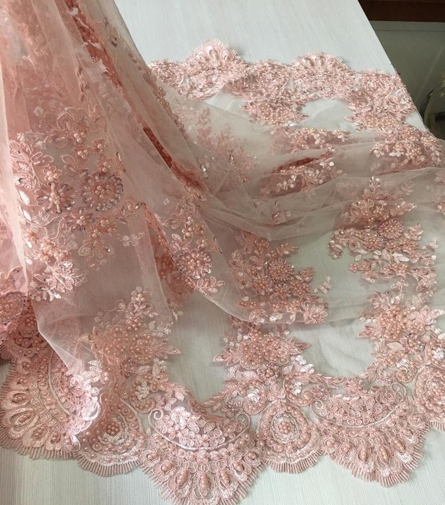 best selling pink color evening dress lace fabric heavy hand beaded pearl sequin embroidery lace fabric for dresses