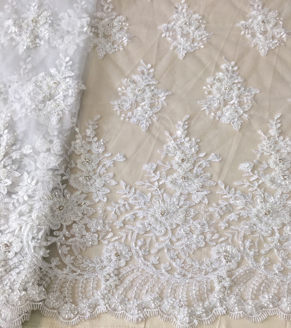 beautiful white wedding dress lace fabric with heavy handwork shining sequins beaded rhinestones embroidery cord lace fabric