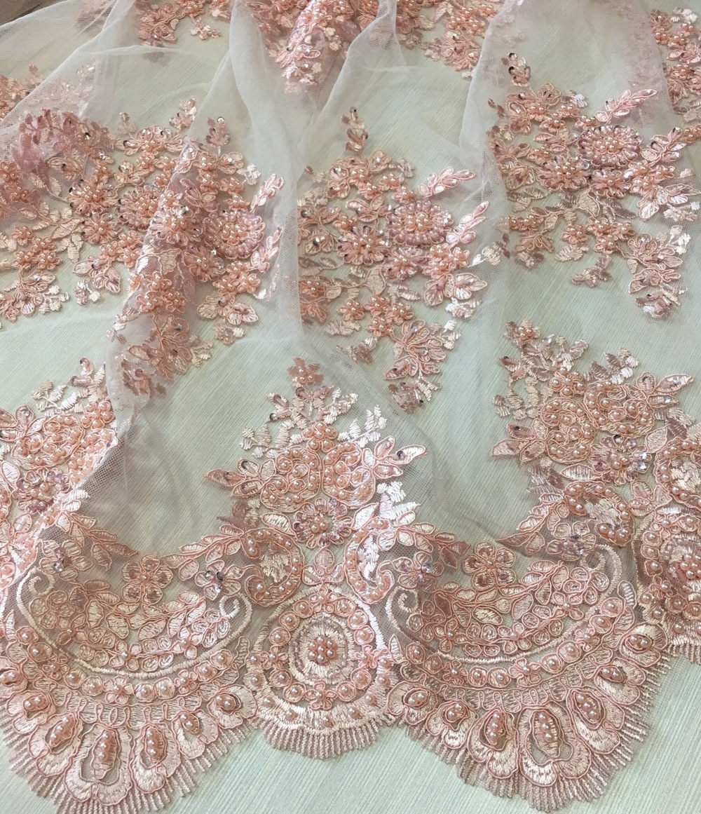 best selling pink color evening dress lace fabric heavy hand beaded pearl sequin embroidery lace fabric for dresses