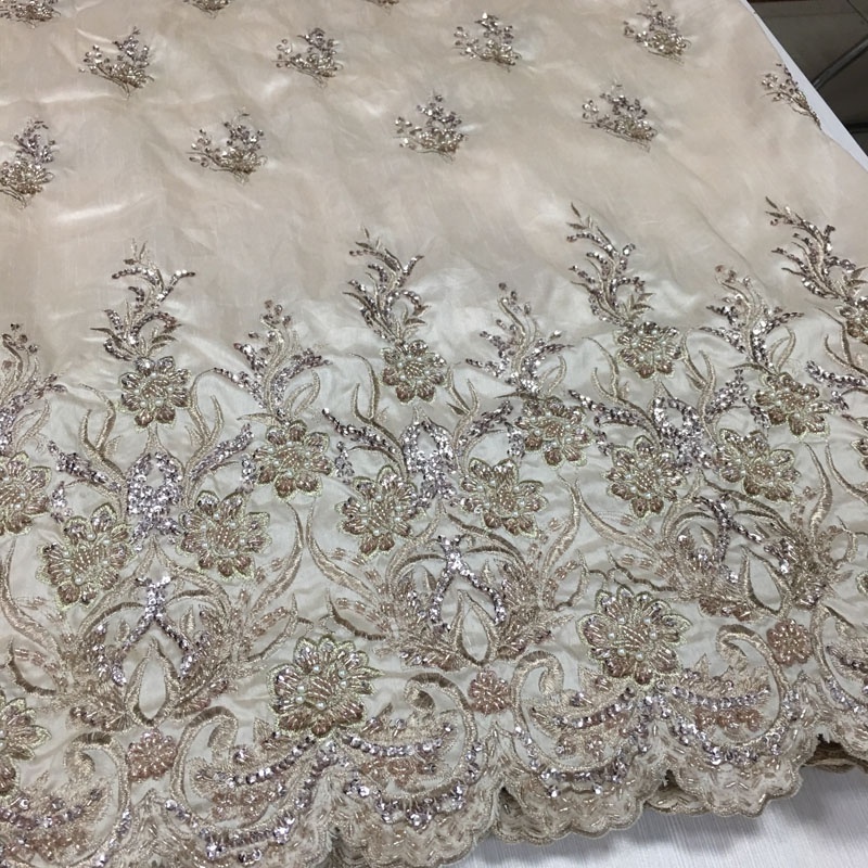 best selling bamboo embroidery fabric with hand beaded sequined lace fabric for clothing or dress