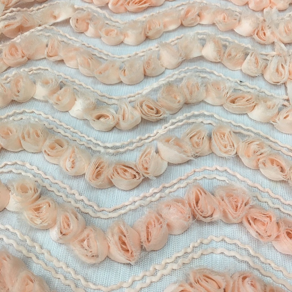 fancy 3d chiffon ribbon flower embroidered tulle fabric/peach net clothing and dress fabric