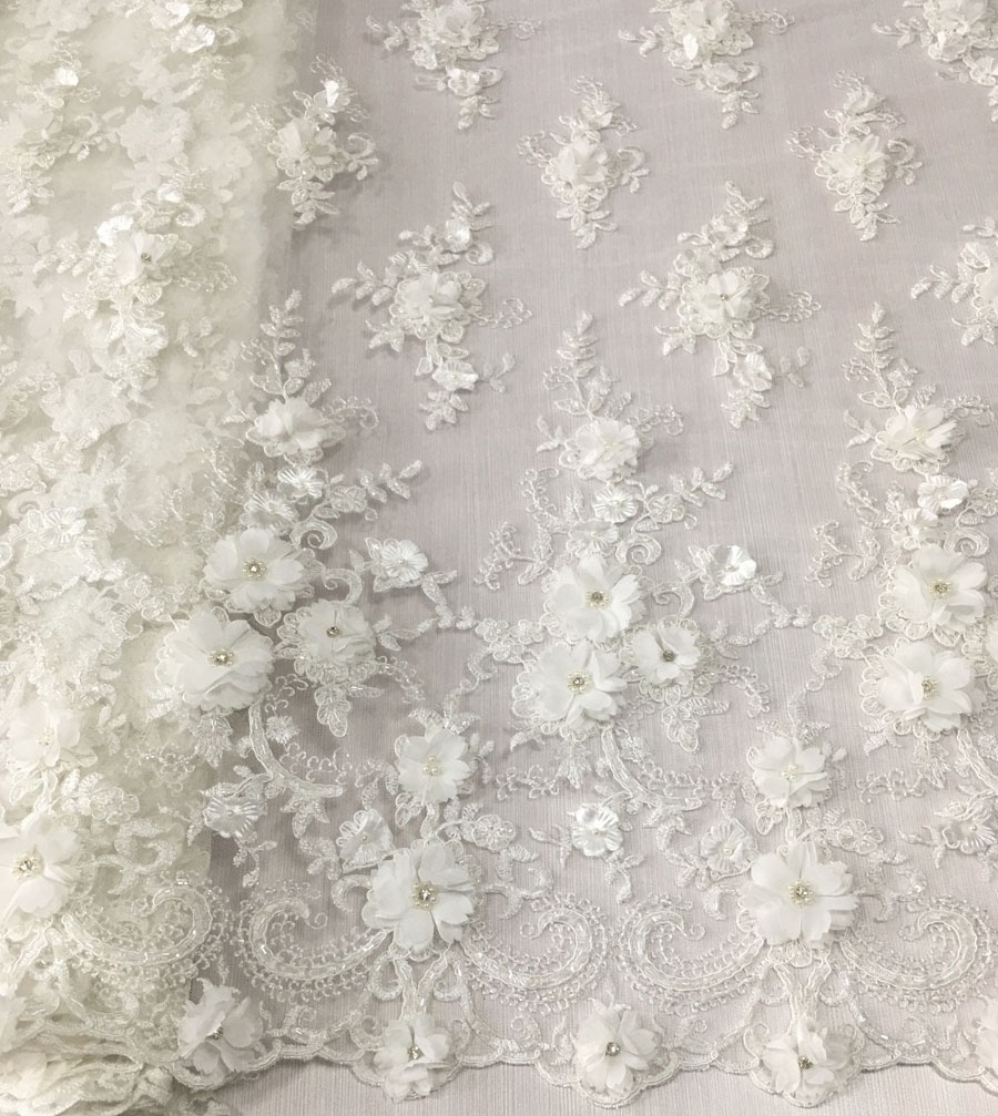 fancy wedding dress lace with handmade beaded 3d flower lace applique rhinestones embroidery fabric for bridal