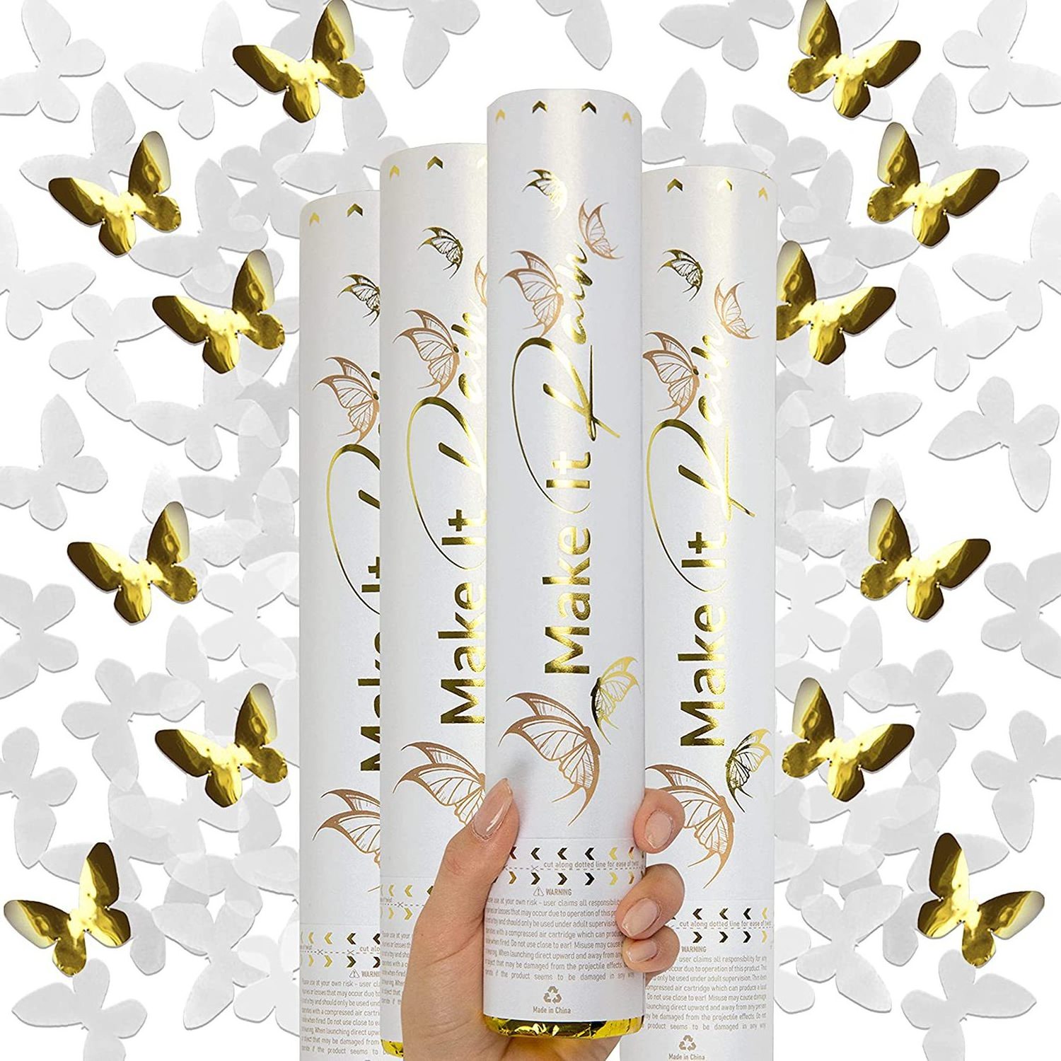 Confetti Cannon White and Gold Butterfly Shaped Confetti Poppers Bulk Party Poppers