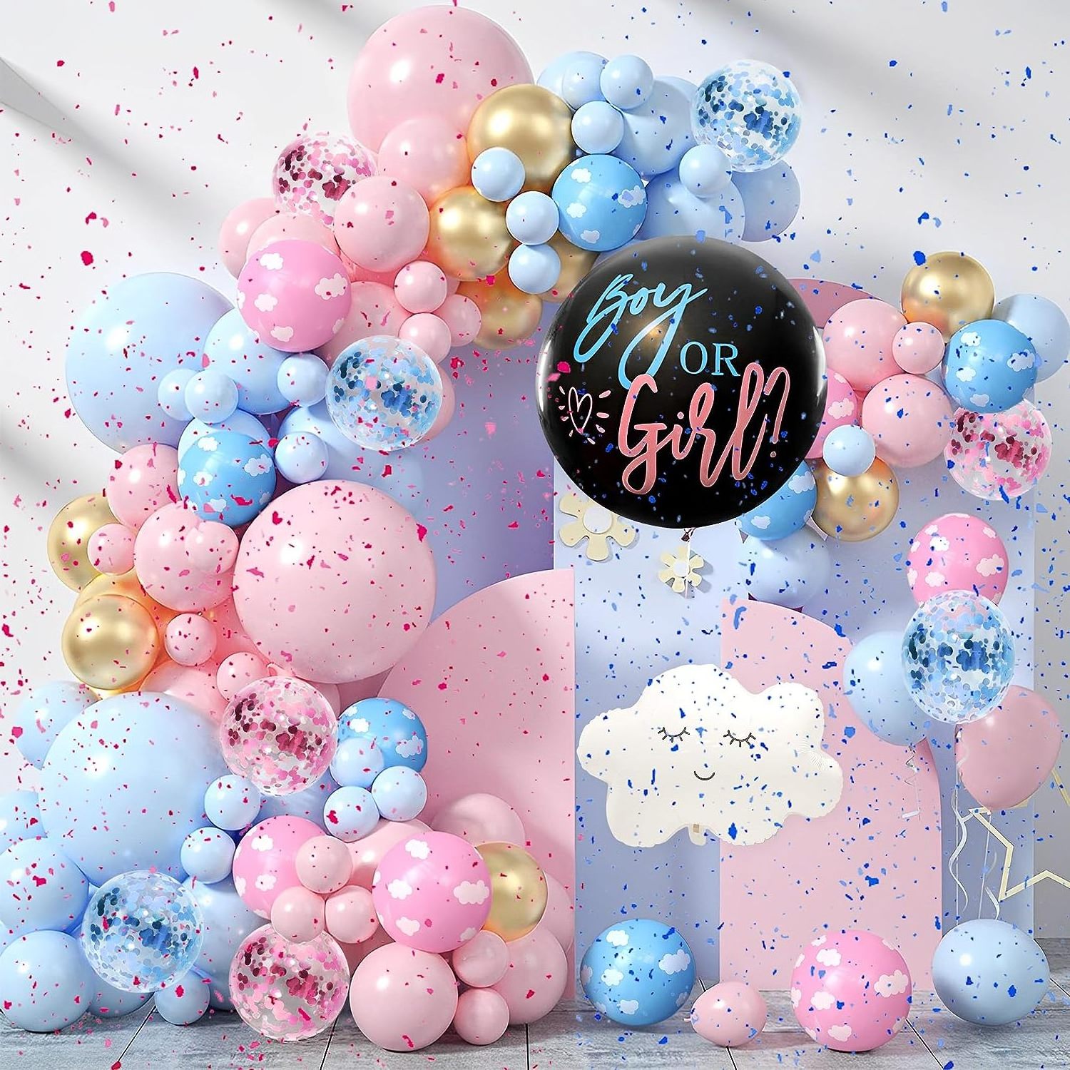 155 Pieces Gender Reveal Balloon Garland Arch Kit Pastel Pink Blue Gold White Cloud Balloons For Baby Shower Gender Reveal Party