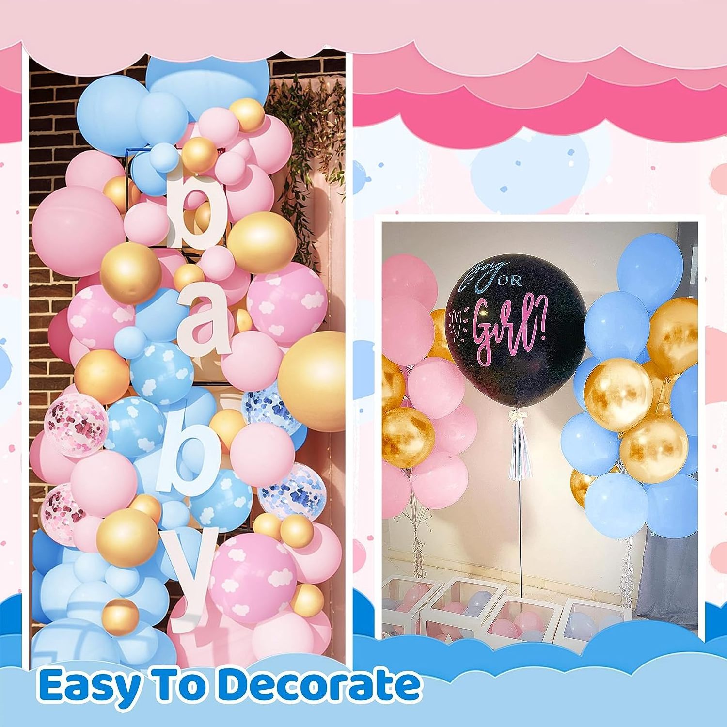 155 Pieces Gender Reveal Balloon Garland Arch Kit Pastel Pink Blue Gold White Cloud Balloons For Baby Shower Gender Reveal Party