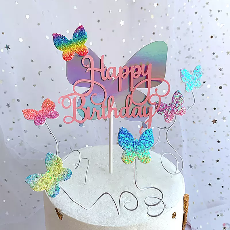 Butterfly Cake Decoration Gradient Non-Woven Cake Topper Dessert Table Happy Birthday Baking Decoration