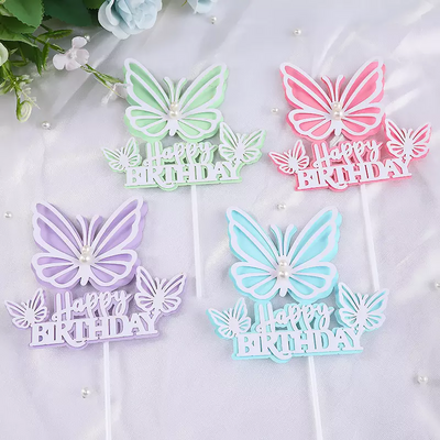 Cake Decoration Butterflies Happy Birthday Butterfly Cake Topper Four Color Pearl Butterfly Birthday Cake Decoration