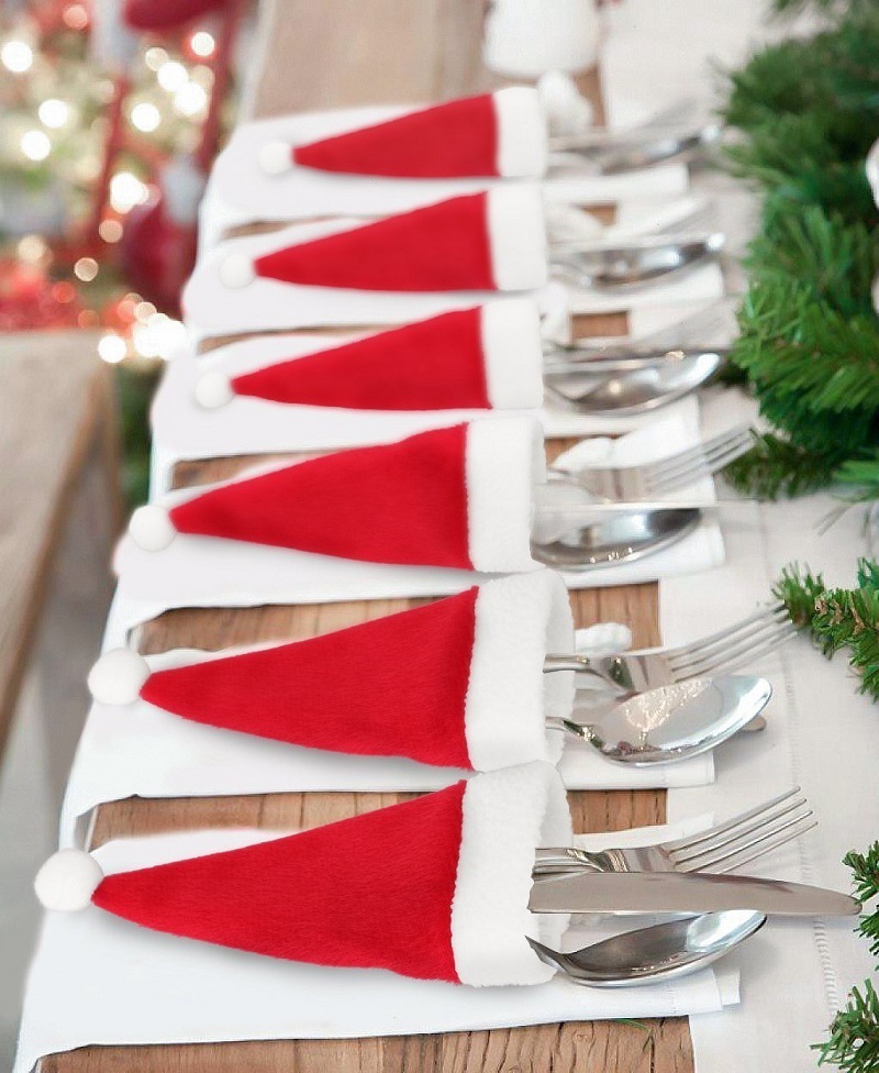 Christmas Santa Hats Xmas Tableware Fork Spoon Knife Storage Bag Party Table Dinner Decoration Supplies