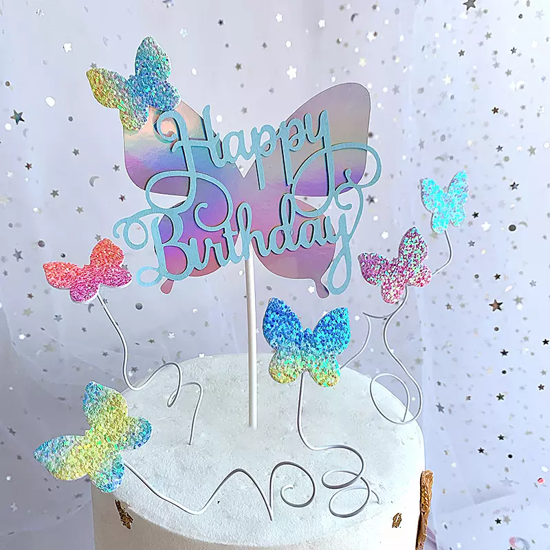 Butterfly Cake Decoration Gradient Non-Woven Cake Topper Dessert Table Happy Birthday Baking Decoration