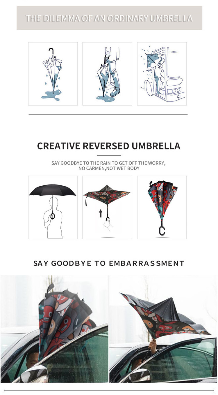 logo customize inverted umbrella windproof no drip stand kazbrella inside out reverse straight umbrella