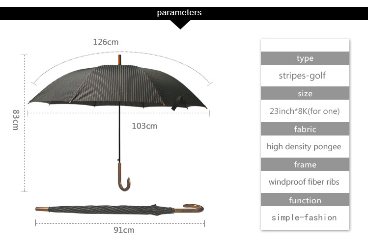 Creative waterproof straight wooden umbrella 8 Ribs Best Selling Wooden J Stick Straight Umbrellas For Sale