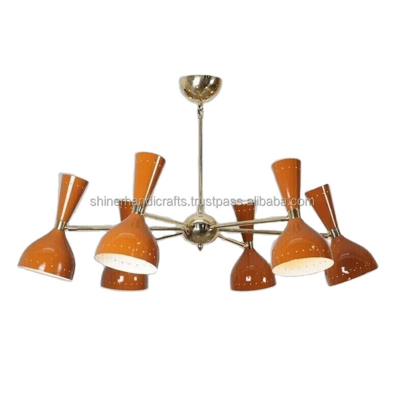 Modern Mid Century Stilnovo Style 6 Arm 12 Light Beautiful Nickel Sputnik Chandelier Orange Color Home & Hotel Diving Room Decor