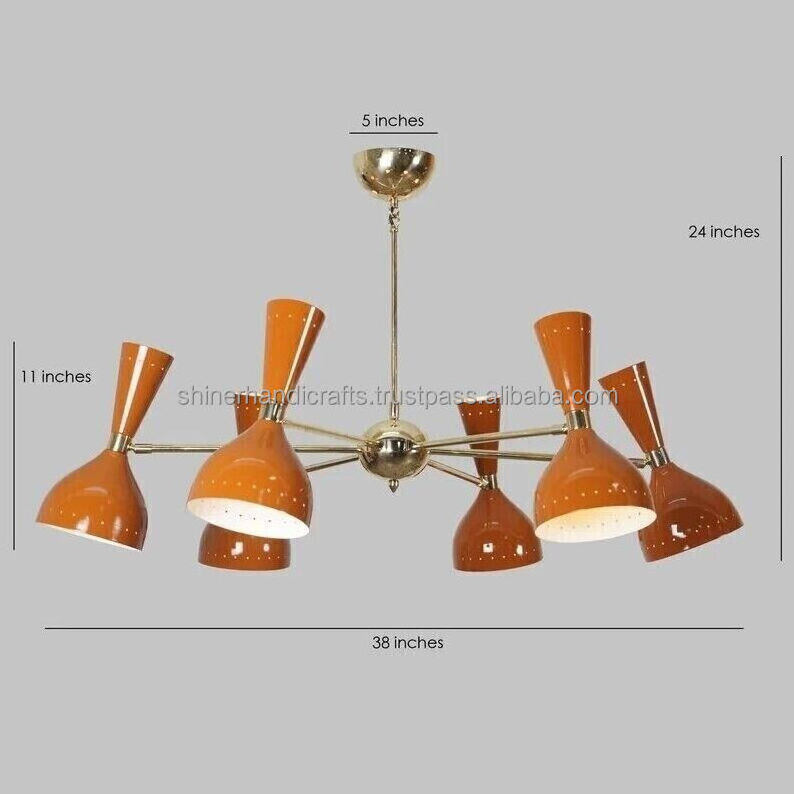 Modern Mid Century Stilnovo Style 6 Arm 12 Light Beautiful Nickel Sputnik Chandelier Orange Color Home & Hotel Diving Room Decor