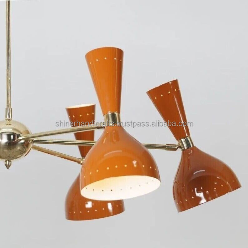 Modern Mid Century Stilnovo Style 6 Arm 12 Light Beautiful Nickel Sputnik Chandelier Orange Color Home & Hotel Diving Room Decor