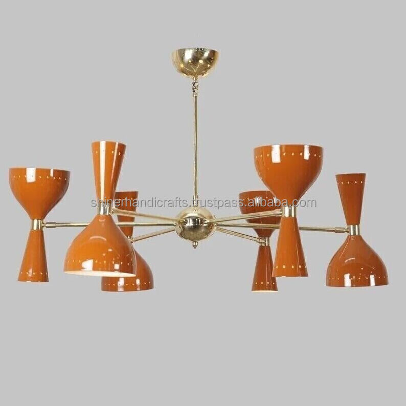 Modern Mid Century Stilnovo Style 6 Arm 12 Light Beautiful Nickel Sputnik Chandelier Orange Color Home & Hotel Diving Room Decor