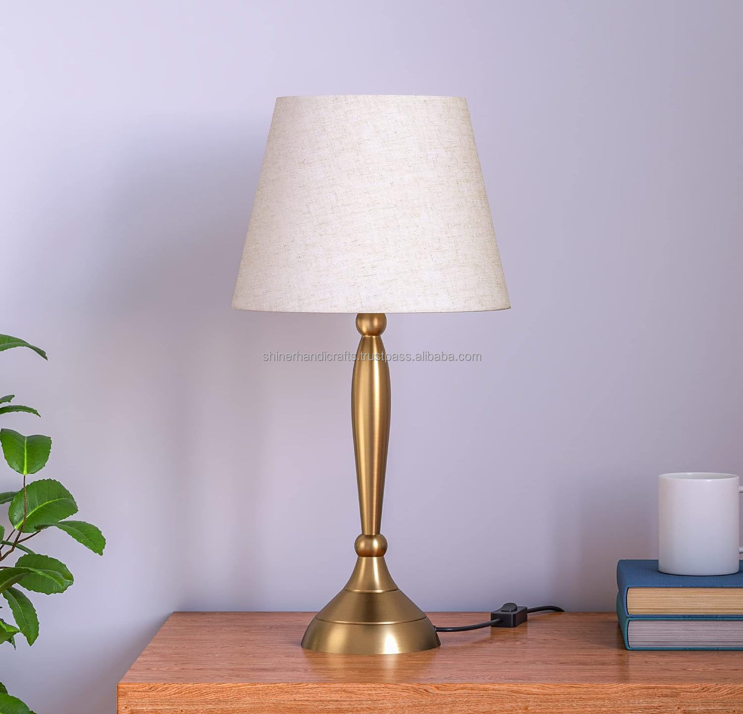 Table Lamp Brass Antique finish 19 inches Height with White 10 inches Diameter Lampshade Aluminum Metal Bedside Table Light Lamp