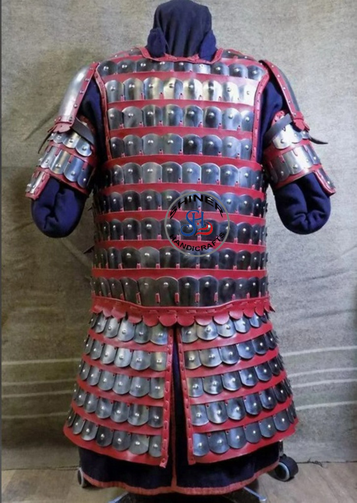 Medieval Japanese Samurai Red Leather Warrior Jacket Armor Historical for Armor Body Costume Silver Polish