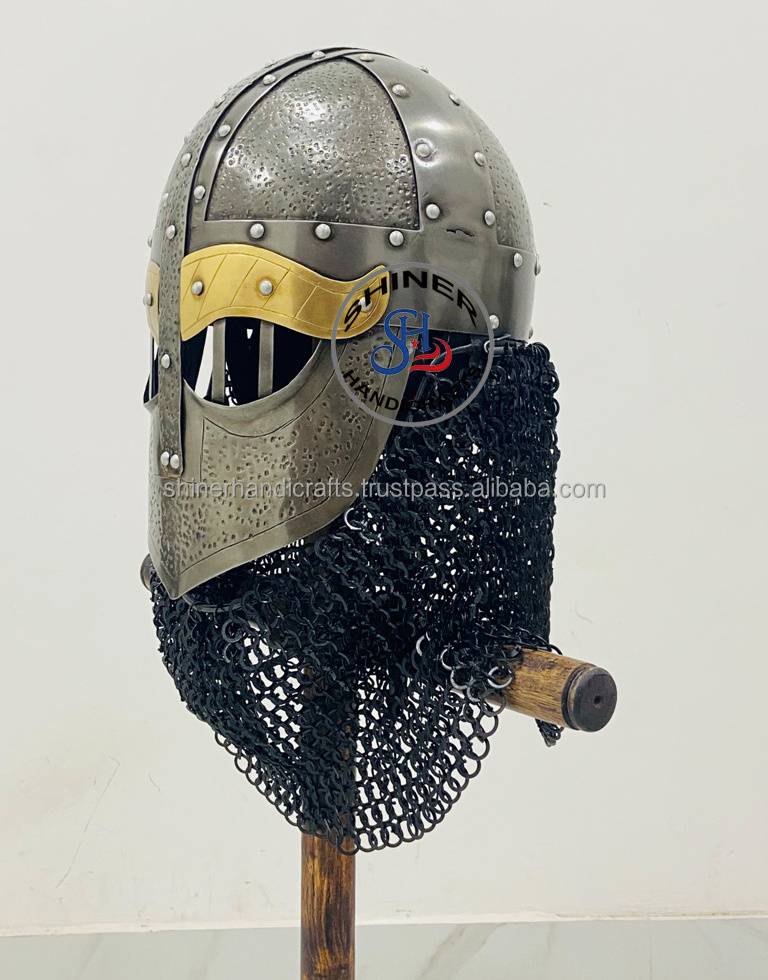 Medieval Viking Helmet 18 Gage Steel Vendel Chain Mail Viking Armor Helmet Antique Black Finish Face Helmet Costume