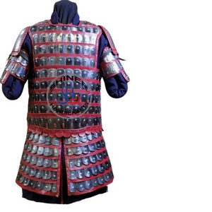 Medieval Japanese Samurai Red Leather Warrior Jacket Armor Historical for Armor Body Costume Silver Polish