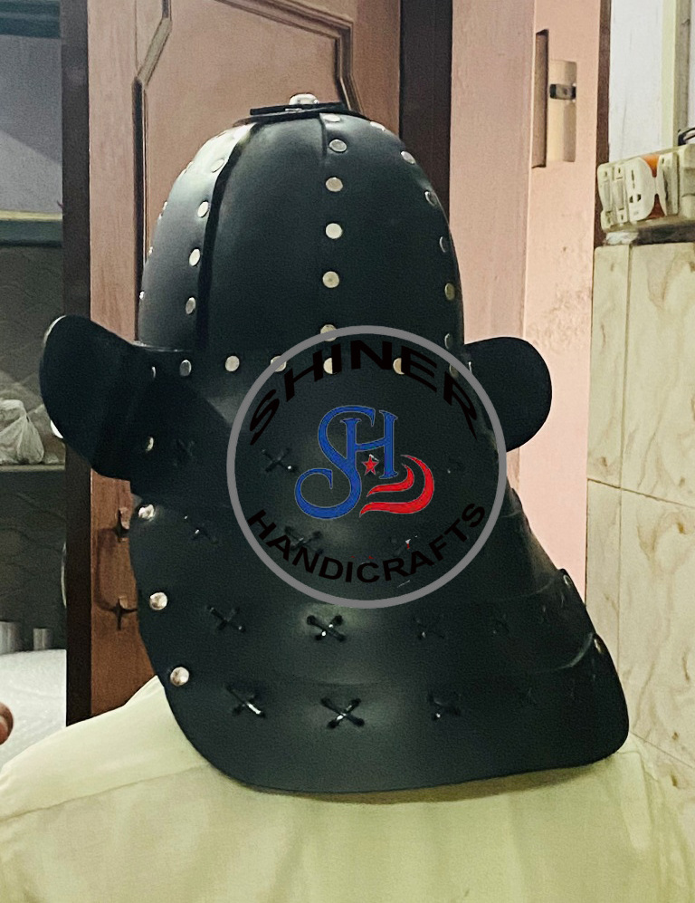 Medieval Japanese Helmet Armor SCA Samurai Warrior Leather Helmet  With Wooden Stand Black Color Helmet Costume