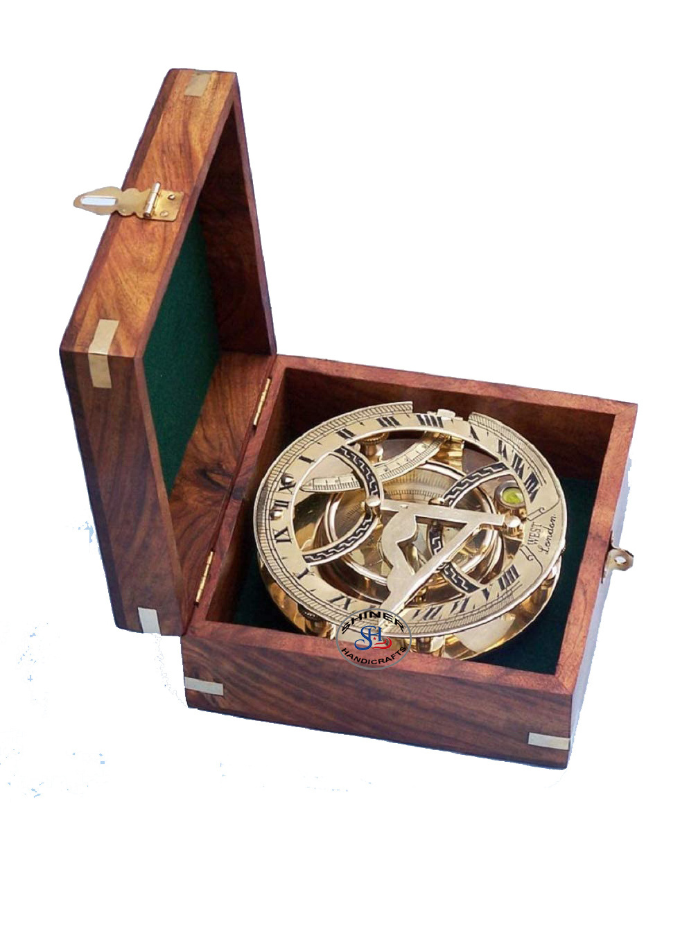 Brass Compass Sundial Maritime Nautical Vintage Antique Nautical Sundial Compass Brass Compass Brown Wooden Box