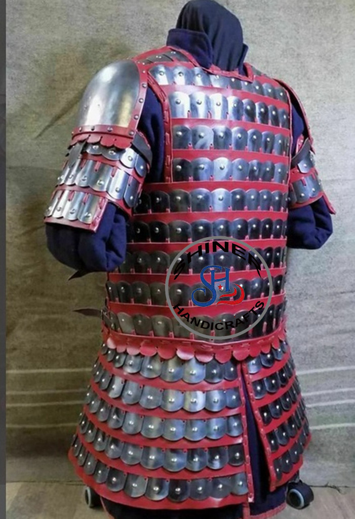 Medieval Japanese Samurai Red Leather Warrior Jacket Armor Historical for Armor Body Costume Silver Polish