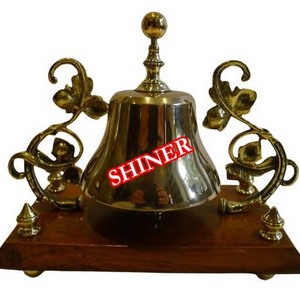 Brass Bell Hanger Antique Solid Brass Handmade Hanging Bells Brown Wooden Base Reception Hotel Table Counter Desk Bell