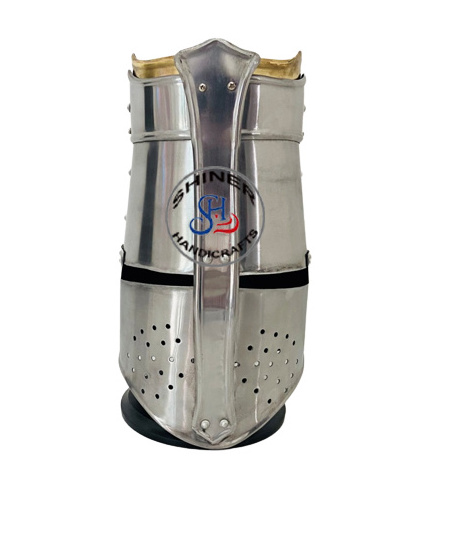 Medieval Armor Helmet New Knights Templar Crusader Silver Helmet Costume 18 Gauge Steel With Wooden Stand