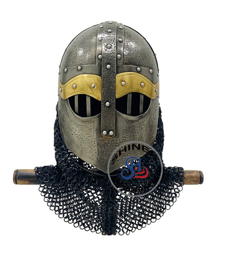 Medieval Viking Helmet 18 Gage Steel Vendel Chain Mail Viking Armor Helmet Antique Black Finish Face Helmet Costume